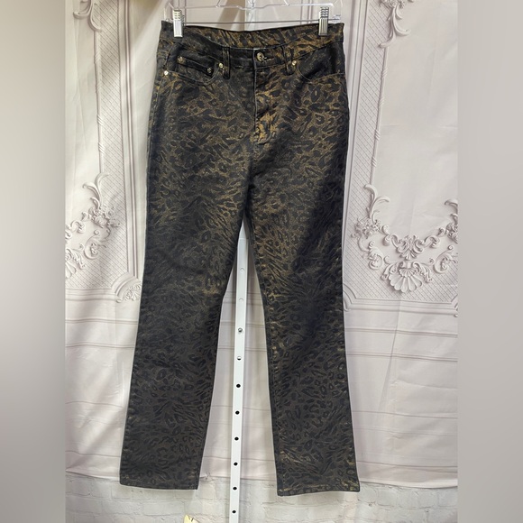DG2 by Diane Gilman Black and Gold Leopard Print Straight Leg Jeans 8 Tall - Picture 1 of 5
